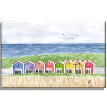 Leinwand 40 x 30 cm Keilrahmen Canvas-Leinen Aquarell Maritim Kunst Druck Kunstdruck Nordsee Insel Langeoog bunte Buden Meer Strand